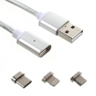USB Sync Charge Braided Cable with 3 Magnetic Connectors Lightning and Micro USB and Type-C - Silver Color