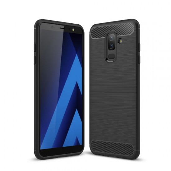 Carbon Fiber Texture Brushed TPU Mobile Phone Casing for Samsung Galaxy A6+ (2018) - Black Samsung Cases Mobile