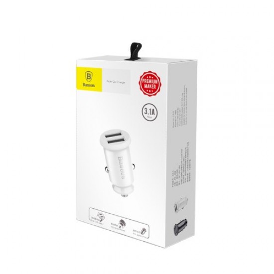 BASEUS CE/FCC/ROHS Grain Mini Portable 3.1A Dual USB Smart Car Charger for iPhone iPad Samsung etc. - White Sony Cables Adapters & Chargers