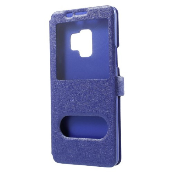 Silk Texture Dual Window Leather Phone Accessory Shell for Samsung Galaxy S9 - Blue Samsung Cases Mobile