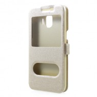 Silk Texture Dual Window PU Leather Stand Cell Phone Cover for Samsung Galaxy J2 Pro 2018 - Gold