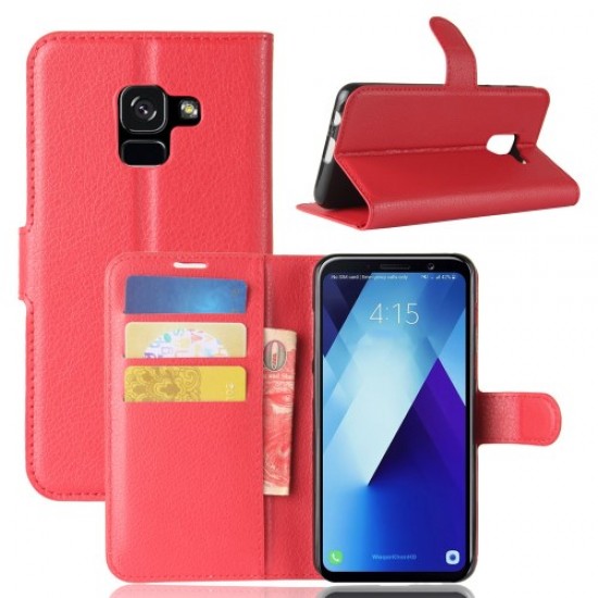 Litchi Skin PU Leather Wallet Stand Phone Cover for Samsung Galaxy A8 Plus (2018) - Red Samsung Cases Mobile