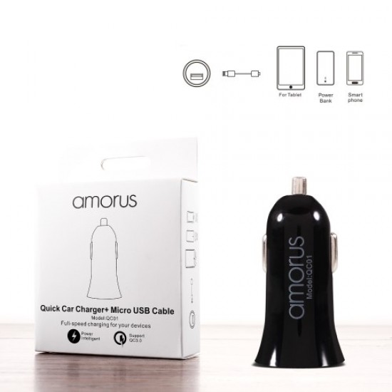 AMORUS Quick Charge 3,0 Car Charger + Micro USB Cable Charging Kit for Samsung Galaxy S7 / LG G4 Etc, - Black Sony Cables Adapters & Chargers