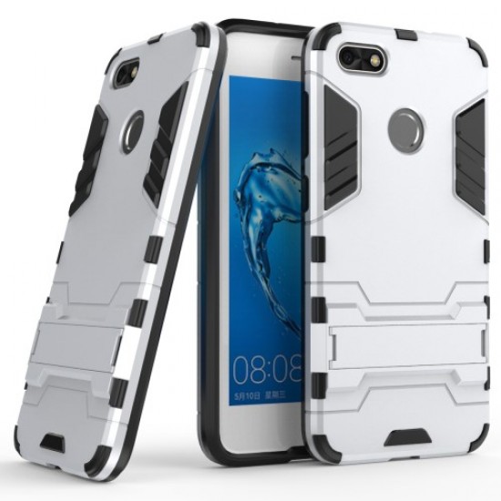 Υβριδική Θήκη Συνδυασμού Σιλικόνης TPU και Πλαστικού με Βάση Στήριξης για Huawei P9 lite mini / Y6 Pro (2017) - Ασημί Huawei Θήκες Κινητών