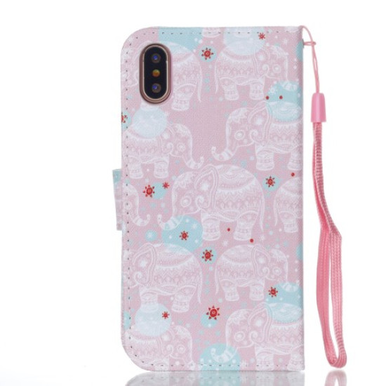 Δερμάτινη Θήκη Πορτοφόλι με Βάση Στήριξης για iPhone X / XS - Tribal Ελεφαντάκια Apple Θήκες Κινητών