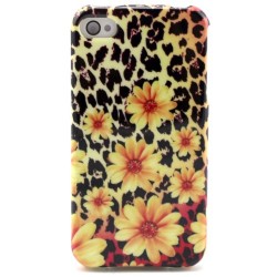 Θήκη Σιλικόνης TPU για iPhone 4s 4 - Χρυσάνθεμα σε Λεοπάρ Φόντο